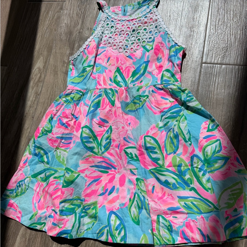 Lily PulitzerGirls' Blue Floral Halter Dress with Pink Accents